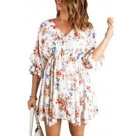 White V Neck Flounce High Waist Floral Mini Dress