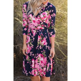 Blue Wrap V Neck Floral Dress with Belt