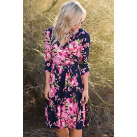 Blue Wrap V Neck Floral Dress with Belt