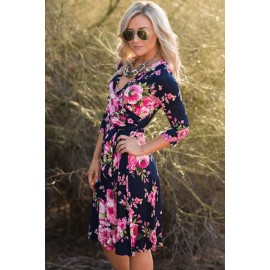 Blue Wrap V Neck Floral Dress with Belt