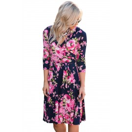 Blue Wrap V Neck Floral Dress with Belt