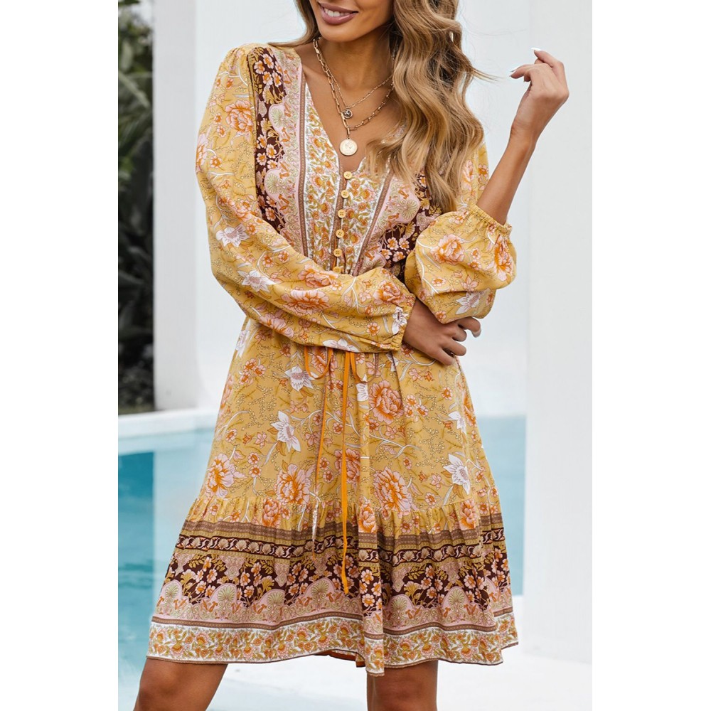 Yellow V-neck Floral Print Long Sleeve Tunic Mini Dress