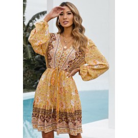 Yellow V-neck Floral Print Long Sleeve Tunic Mini Dress