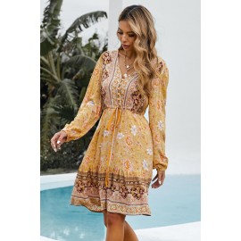 Yellow V-neck Floral Print Long Sleeve Tunic Mini Dress