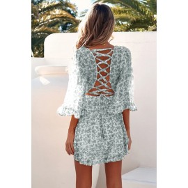 Green Lace-up Back Ruffled Floral Print Dress