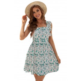 Green Floral Square Neck Ruffles Backless A-line Short Dress