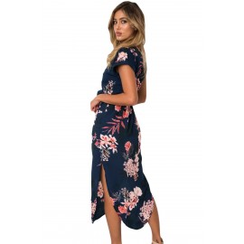 Navy Pink Floral Print Pencil Dress