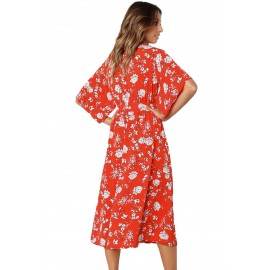 Red Boho Floral Knot Front Kimono Dress