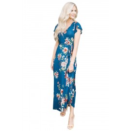 Navy Blue Floral Print Cap Sleeve Maxi Dress