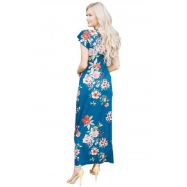 Navy Blue Floral Print Cap Sleeve Maxi Dress