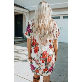 Beige Loose Short Sleeve Floral Dress