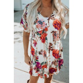 Beige Loose Short Sleeve Floral Dress