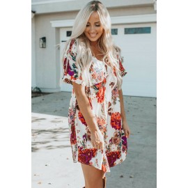 Beige Loose Short Sleeve Floral Dress