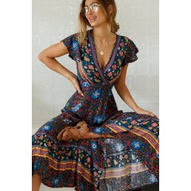 Multicolor V-Neck Beach Resort Printed Dress