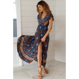 Multicolor V-Neck Beach Resort Printed Dress