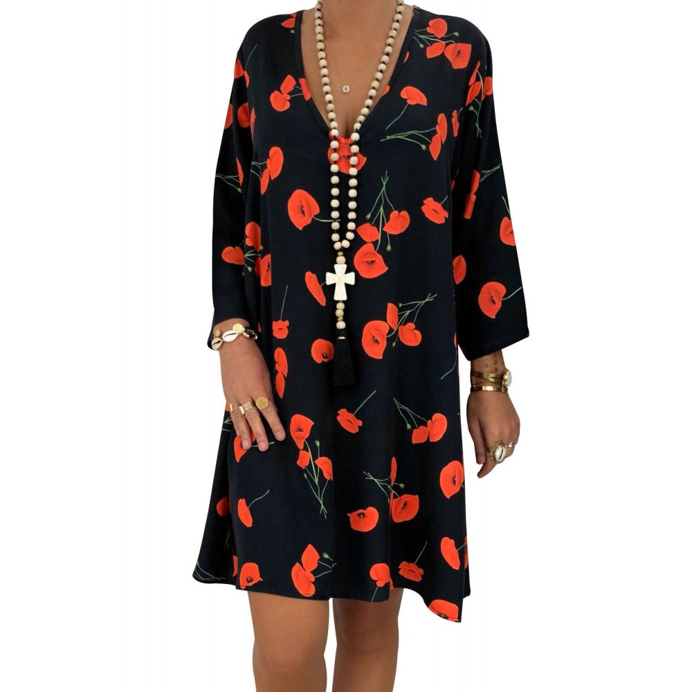 Black Printed V-Neck Three Quarter Sleeve Loose Dress