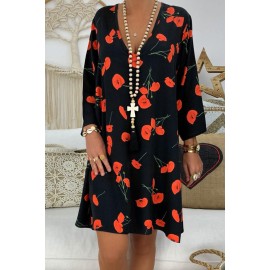 Black Printed V-Neck Three Quarter Sleeve Loose Dress