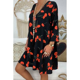 Black Printed V-Neck Three Quarter Sleeve Loose Dress