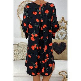 Black Printed V-Neck Three Quarter Sleeve Loose Dress