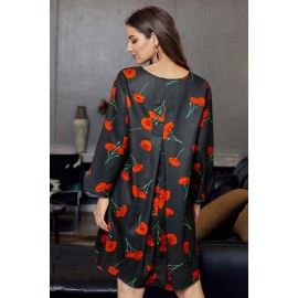 Black Printed V-Neck Three Quarter Sleeve Loose Dress