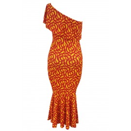 Single Shoulder Mermaid Hem Africa Print Dress