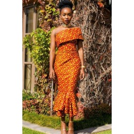 Single Shoulder Mermaid Hem Africa Print Dress