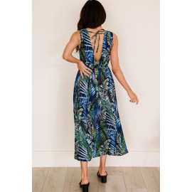 Green Floral Printed V Neck Open Back Sleeveless Maxi Dress