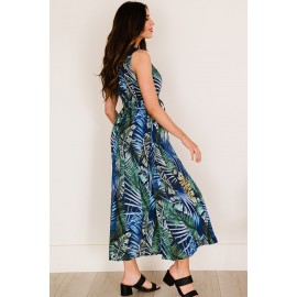 Green Floral Printed V Neck Open Back Sleeveless Maxi Dress