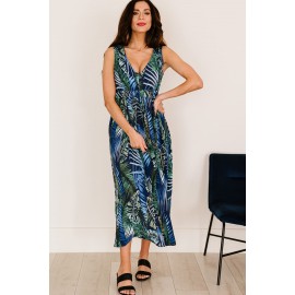 Green Floral Printed V Neck Open Back Sleeveless Maxi Dress