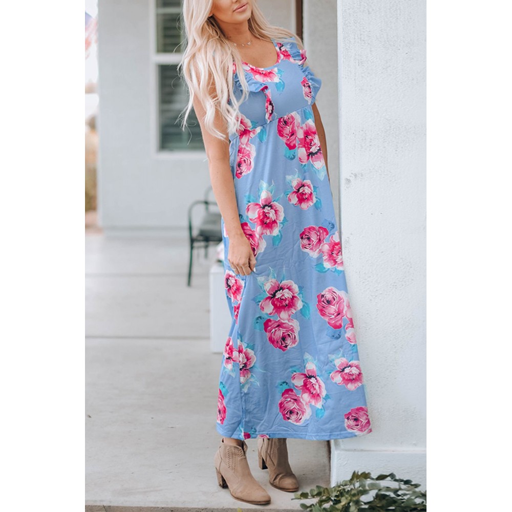 Ruffle Sleeveless High Waist Floral Maxi Dress