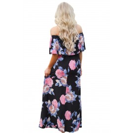 Flower Print Black Grounding Off Shoulder Long Boho Dress