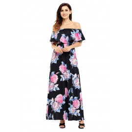 Flower Print Black Grounding Off Shoulder Long Boho Dress