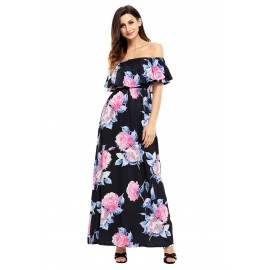 Flower Print Black Grounding Off Shoulder Long Boho Dress