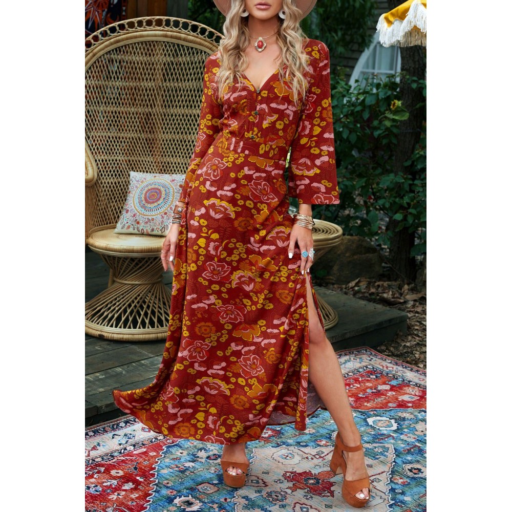 Floral Print Side Slit Buttons V Neck Maxi Dress