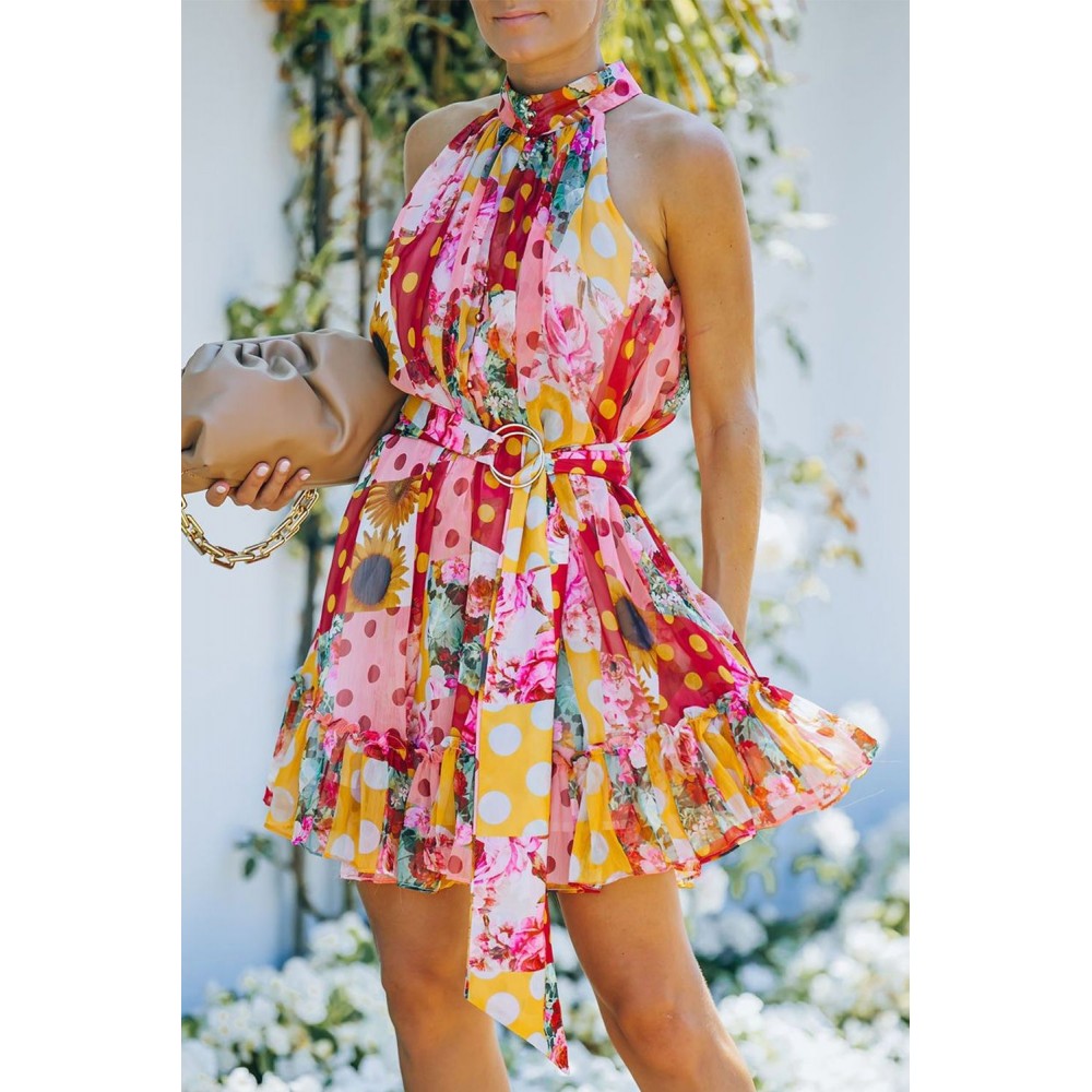 Multicolor Floral Polka Dot Print Belted Ruffled Sleeveless Mini Dress