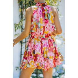 Multicolor Floral Polka Dot Print Belted Ruffled Sleeveless Mini Dress