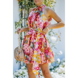 Multicolor Floral Polka Dot Print Belted Ruffled Sleeveless Mini Dress