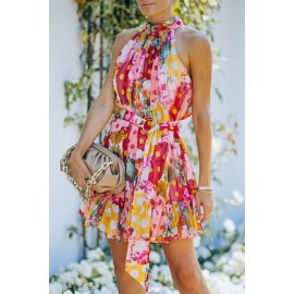 Multicolor Floral Polka Dot Print Belted Ruffled Sleeveless Mini Dress