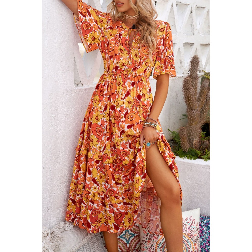 Orange Bohemian Flutter Sleeve Floral Dress