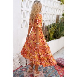 Orange Bohemian Flutter Sleeve Floral Dress