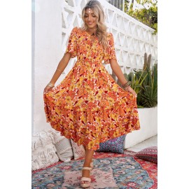 Orange Bohemian Flutter Sleeve Floral Dress