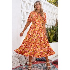 Orange Bohemian Flutter Sleeve Floral Dress