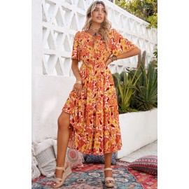 Orange Bohemian Flutter Sleeve Floral Dress