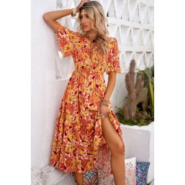 Orange Bohemian Flutter Sleeve Floral Dress