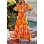 Orange Boho Empire Waist Floral Long Dress