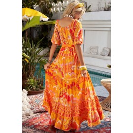 Orange Boho Empire Waist Floral Long Dress