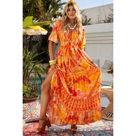 Orange Boho Empire Waist Floral Long Dress