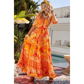 Orange Boho Empire Waist Floral Long Dress