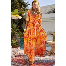 Orange Boho Empire Waist Floral Long Dress