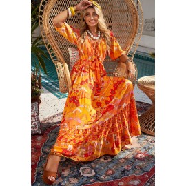 Orange Boho Empire Waist Floral Long Dress